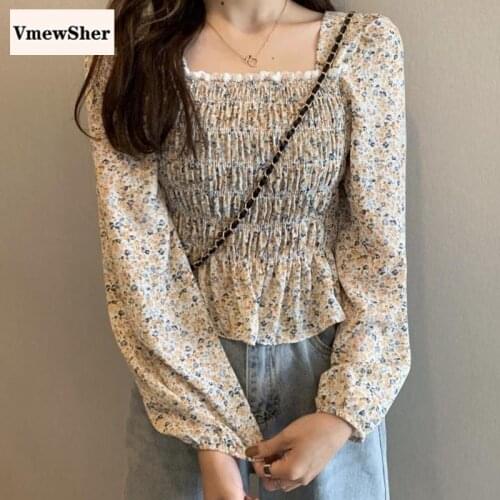 VmewSher Vintage Floral Women Blouse Chiffon Spring Summer Square Collar Female Long Sleeve Short Shirt Lace Ruffle Crop Tops