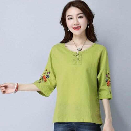 Summer Casual Women Embroidery Flower White Green 3/4 Sleeve Linen Tee Shirt , Female Loose Tshirt , Woman Embroidered T Shirt