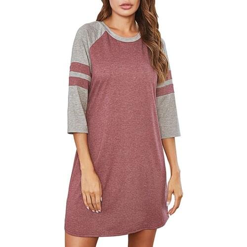 Mini Nightdress Women 3/4 sleeve O-neck color Matching Loose Mini Nightdress Pajamas Home Service plus size 2021платьядляженщин