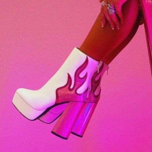 Ladies Trendy Flame Patched Shiny Chunky Heel Ankle Boots Platform Short Boots Embroider Pattern Zip Up Leather Booties Size 47