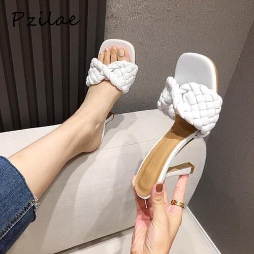 Pzilae PU Leather Braided High Heel Sandals Women Runway Party Shoes Woman Cross Folds Mules Shoes Sexy Thin Heel Slippers New