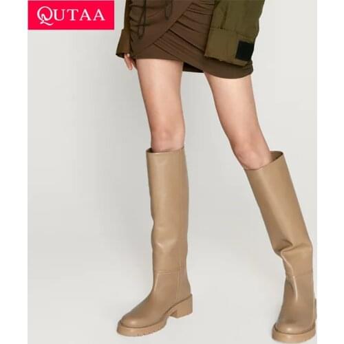 QUTAA ZA Fashion Women Knee High Boots Warm INS High Heels Full Cow Leather Square heel Motorcycle Boots Woman Lady Shoes 34-42