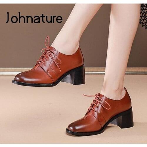 Johnature Pumps Women Shoes Genuine Leather 2021 New Spring/Autumn Lace-Up Retro Fashion Square Toe Hanamade Casual Ladies Shoes