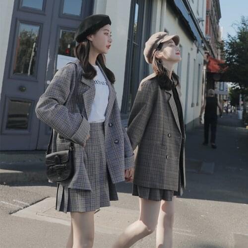 2021 Retro Plaid Blazer Set Single-breasted Jacket & Pencil Skirt 2 Pieces Skirt Suit Female Office Ladies Blazer Suit