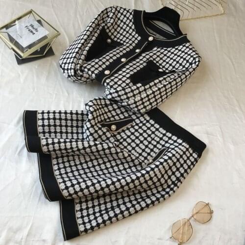 Houndstooth Vintage Two Piece Sets Outfits Women Autumn Cardigan Tops And Mini Skirt Suits Elegant Ladies Fashion 2 Piece Sets