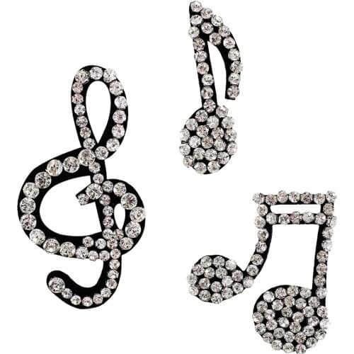 10sets Beaded Diamond White Music Note Badges Sew on Crystal Appliques Clothes Hat Patches Craft Handmade Brooches TH1308