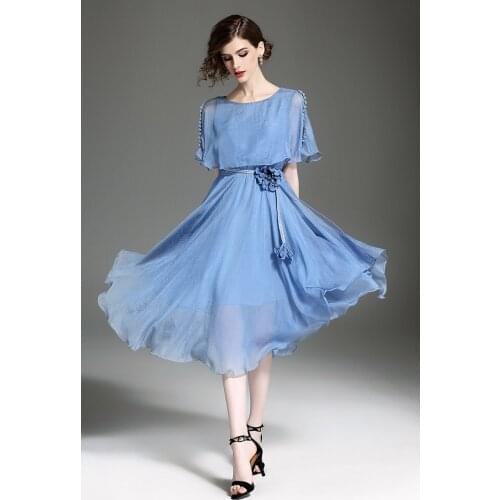 2017 O-Neck Summer High Qualit New Fashion Blue Or Pink Ruffles Slim Brief Style Dress