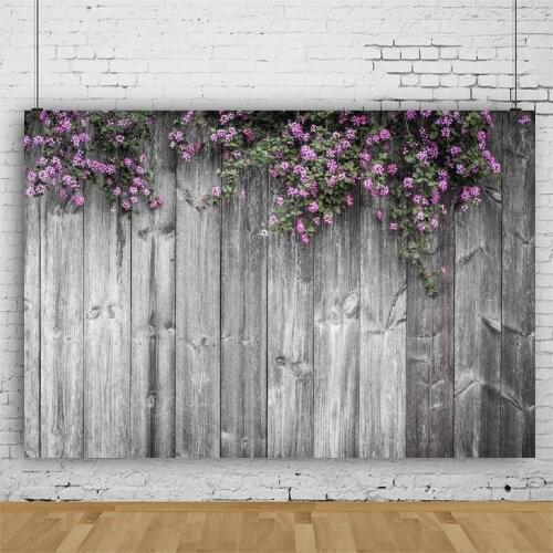 Planks Backdrop Purple Flowers and Black Wooden Board Photography Background Holiday Celebration Photo Booth Studio Decor