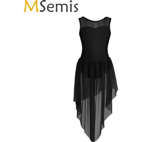 Kid Teens Tulle Sleeveless Splice Open Back Ballet Tutu Dance Leotard Dress Ballerina High-low Hem Girl Gymnastics Leotard Dress