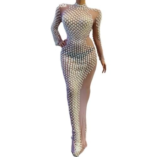 Sparkly Silver pearl Mirror Elastic fabric Long Dress Women Birthday Stage play Celebrate Dress Dancer Party Show Dress