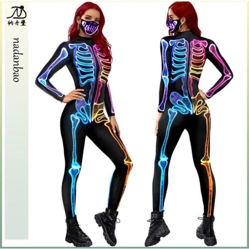 European and American New Color Skeleton Printing Cos Halloween Long-Sleeved Tights Women Do Not Contain Masks