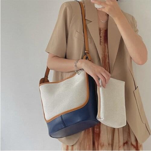 Contrast Color Canvas Bucket Bag Large Capacity Polyester Patchwork Single Shoulder Bag Summer 2021 New Composite Crossbody Bag