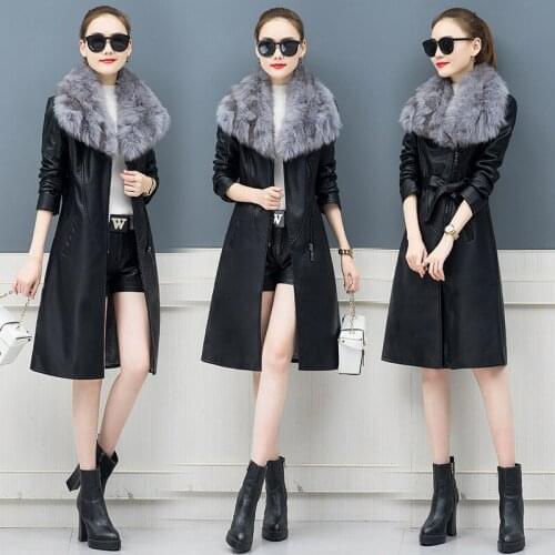 Big Fur Collar Autumn Winter PU Leather Women Jacket New Plus Velvet Thick Mid-Length High Quality Faux Leather Coat Outerwear