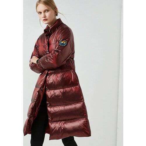 2019 winter new style white duck down jacket female medium and long style slim clothes bright surface coat thicker warm coats