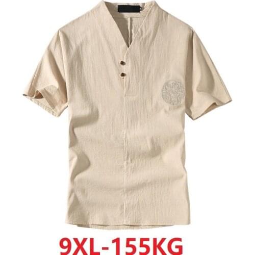 Men vintage Chinese style T-shirts Short Sleeve Summer plus size Tees 5XL 7XL 8XL 9XL v-neck personality tshirt 150KG black 60