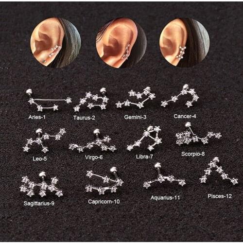 1PC Zircon Stud Earrings Ear Tragus Cartilage Helix Earring Set Stainless Steel Earing for Women Piercing Silver Color Jewelry
