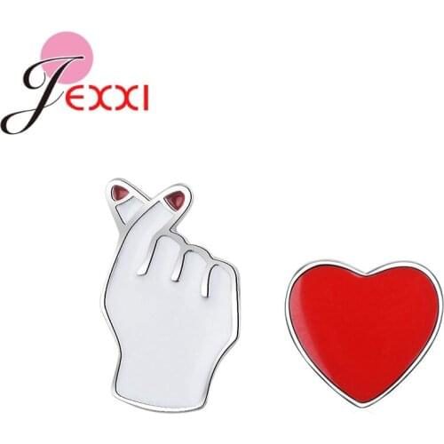 Genuine Brand Stud Earrings 925 Sterling Silver LOVE Gesture Red Heart Crystal Symbol of Individuality Appointment Jewelry