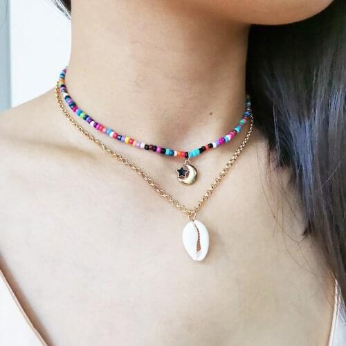 2Pcs Bohemian Style Bead Decor Star Moon Pendant Necklace Choker Hot Sale Metal Gold Chain Punk Necklace Gift Goth Collier Femme