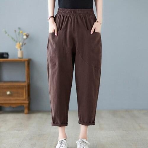All-match High Waist Harem Pants 2021 New Arrival Thin Cotton Linen Loose Summer Casual Pants Pockets Office Lady OL Work Pants