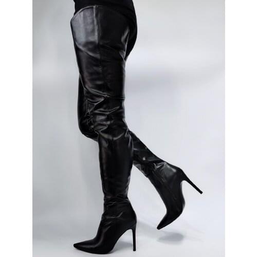 High Quality Sexy Woman V Open High Heels Over The Knee Boots Pointed Toe Night Club Black Leather Thigh Boots Shoes Cheap Lady