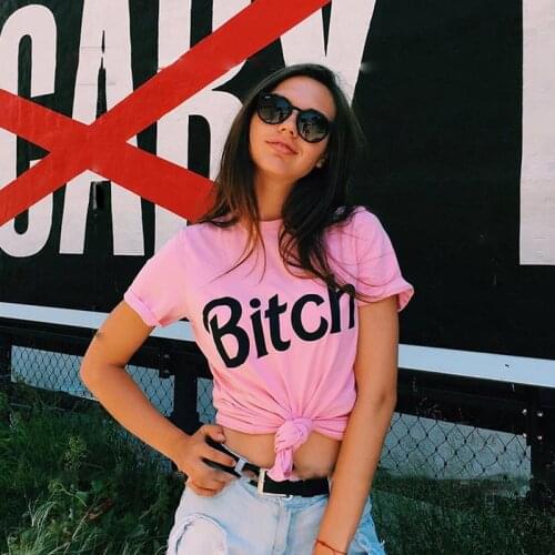 Womens Pink T Shirt Bitch Slogan Letter Print Tee Shirt Feminist T Shirts Female Harajuku Tumblr Grunge Christian Tshirt Tops