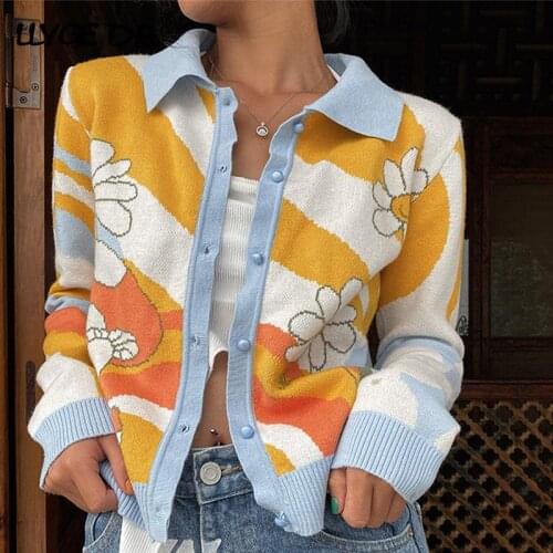 Za Oil Painting Print Cardigan For Women Sweater Knitted Vintage Turn-down Collar Womens Sweaters 2021 Autumn Long Sleeve Tops