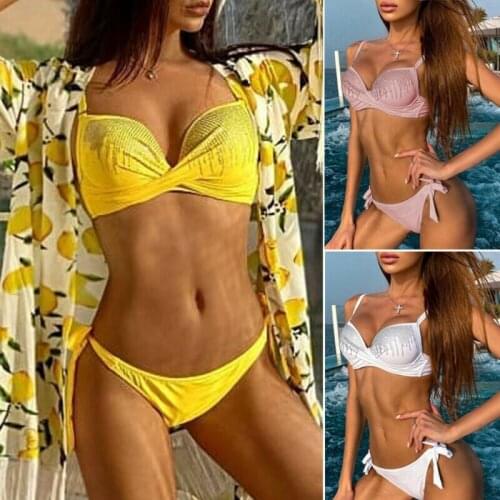 2021 Sexy Women Two Pieces Bikini Set Solid Push-Up Padded Swimwear Rhinestone Bandage Split Swimsuit Summer Bathing Suit