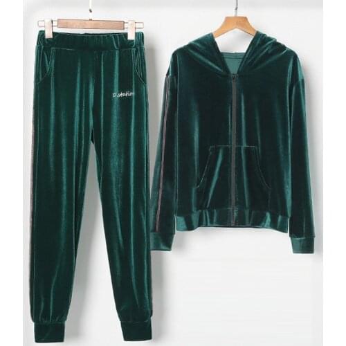 Women Tracksuits 2 Piece Set Long Sleeve Zipper Hooded Jacket Pant Suits 2020 Fashion Ladies Casual Velvet Trackpants Outfits