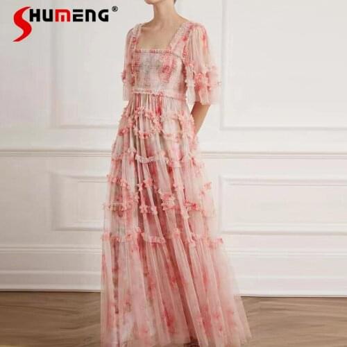 2021 Summer Womens Mesh Stitching Print Formal Long Dresses Harujuku Sexy Short Sleeve Pleated Dress Robe Longue Women Clothing