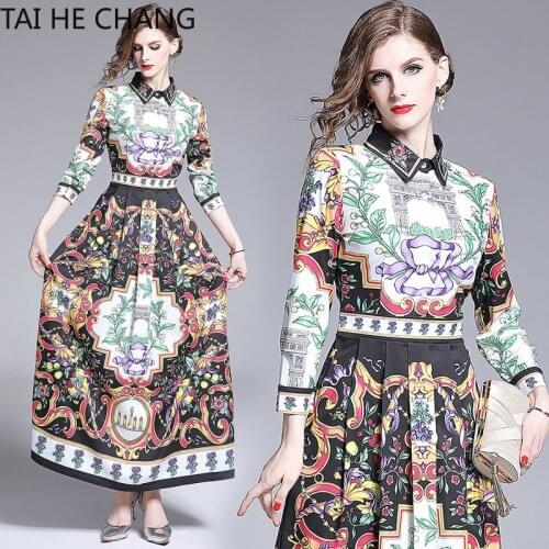 Women Dress New Fashion Retro Spring Summer Elegant Slim Bodycon Vintage Party Runway Print Shirt Office Work Maxi Dresses