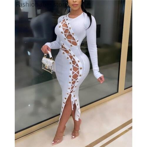 Women Solid Color Hollow Criss Cross Lace-Up Long Sleeve Bodycon Dress