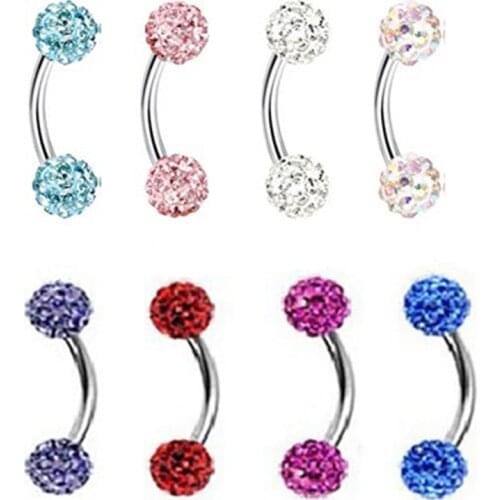 2PCS Stainless Steel Eyebrow Piercing Ring Crystal curved glitter Eyebrow Helix Piercing Labret ear Women Body Pircing Jewelry
