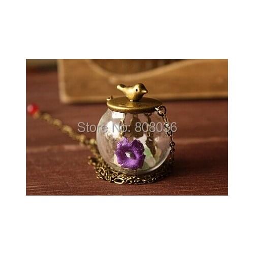 Free shipping 50set 25*15mm Diy clear glass globe with bronze base with bird set DIY round Glass Ball Dome Cover Vial Pendant