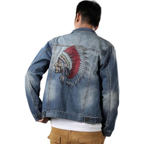 Seattle Chief Feather Embroiderey Denim Jacket Men Retro Streetwear Fashion Youth Personality Casual Loose Outerwear Coats