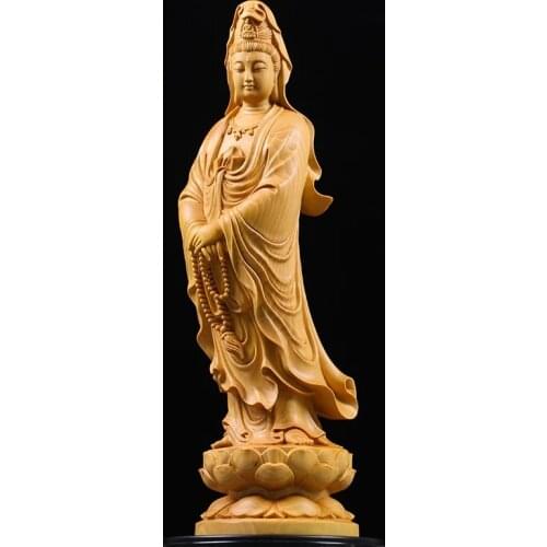 Feng Shui Buddha Decoration Standing Guanyin Bodhisattva Huangyang Wood Statue Solid Wood Carving Handicrafts Worship