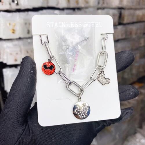 Cartoon Kawaii Mouse Pendant Necklace Titanium Steel Chain Necklace Inlaid Crystal Fashion Trendy Women Jewelry Birthday Gift