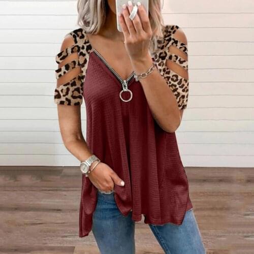 Fashion Off Shoulder Leopard Print Tee Shirts Womens Sexy Zipper V-neck Collar Color Short Sleeve Fold Casual Tops T-Shirts 2021