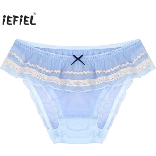 Mens Erotic Lingerie Panties Pure Color Elastic Waistband Sissy Briefs See-through Mesh Underpants Bowknot Ruffle Trim Underwear