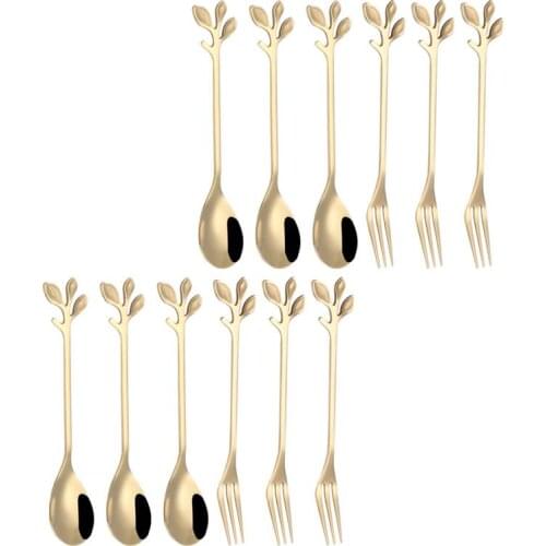 12pcs Dessert Spoons And Fork Set Stainless Steel Mixing Spoon Cake Forks Coffee Mixing Spoon Fruit Fork Leaf Spoon