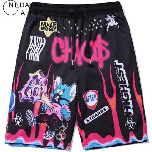 NEDAYATAIME Shorts Men Cartoon Colorful Graffiti Print Beach Knee-length Shorts Hip Hop Bermuda Style Elastic Waist High Street