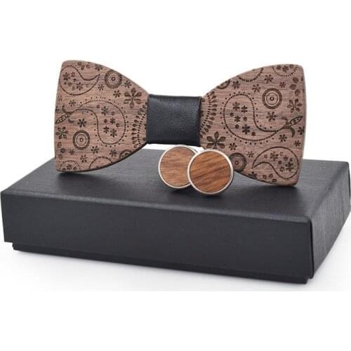 New Design Gear Wooden Bow Tie Mens Wood Bowtie Cufflinks Set Brand Business Neckties Cuff Links for Wedding Groom