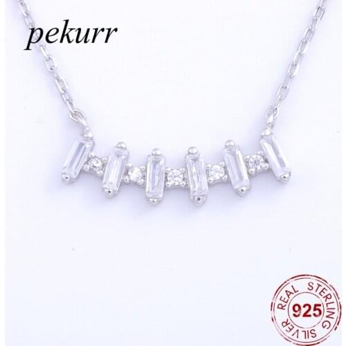 Pekurr 925 Sterling Silver Gem Rectangle & Zirconia Beads Necklaces Pandents For Women Long Silver Chain Fine Jewelry Gift