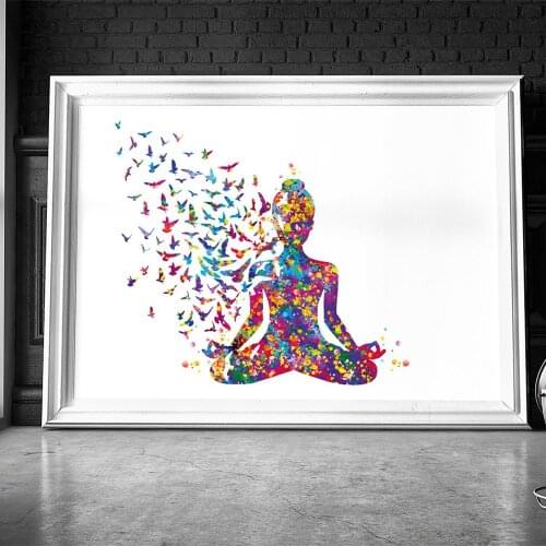 Retro Poster Sukhasana Pose Watercolor Woman Yoga Butterfly Canvas Painting Abstract Print Modern Pictures Sports Gym Home Decor