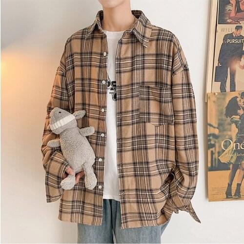 Harajuku Style Men Oversized Cotton Plaid Shirt 2021 Man Hip Hop Patchwork Button Up Long Sleeve Shirt Couple Korean Clothing