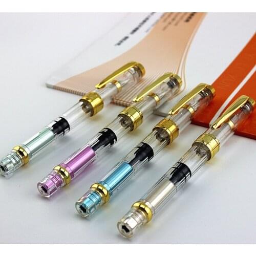 New Upgraded Colorful Wing Sung 3008 Piston Transparent Wingsung Fountain Pen Golden EF/F Nib & Trim Ink Pen Office School Gift