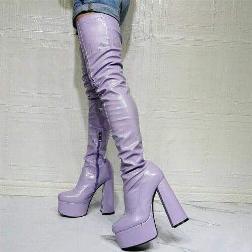 BERZIMER Women Thigh High Platform Boots Round Toe Thick Block Heels Over Knee Handmade Ladies Shoes Woman Plus Size 40 42 47
