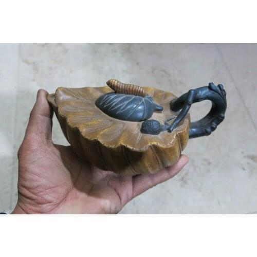 Old Chinese Handcraft Enameled YiXing Purple Clay (yellow stoneware) Teapot ,Silkworms,with mark,Free shipping