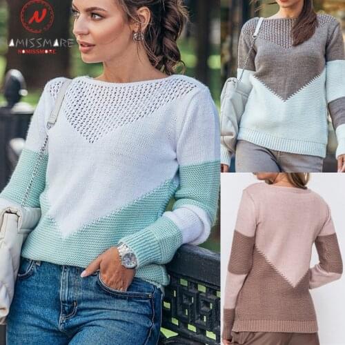 Fashion Women Spring Autumn Sweaters Hollow Out Design See Through O-Neck Long Sleeve Color Matching Casual Loose Knitted Top