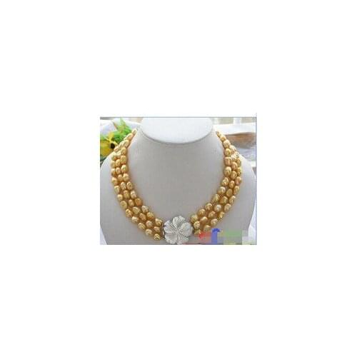 Natural pearl jewelry 3ROW 8-9MM YELLOW BAROQUE FRESHWATER CULTURED PEARL NECKLACE Bridal hook