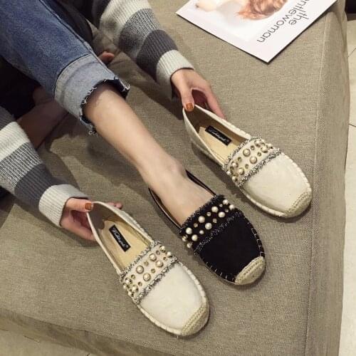 Pearl beads espadrilles women round toe flats straw glitter tassel creepers shoes woman soft flock slip on crystal loafers 294